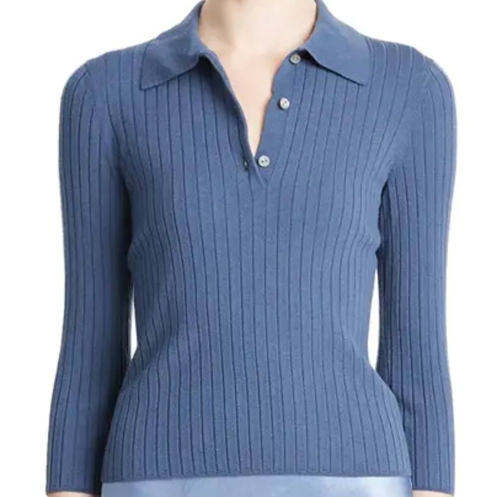 Vince Ribbed Wool Three-Quarter-Sleeve Polo Sweater